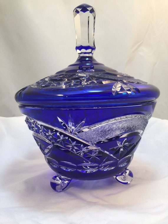 Big Cobalt Blue Bohemian Crystal Hand Cut Glass Bowl With Lid Etsy