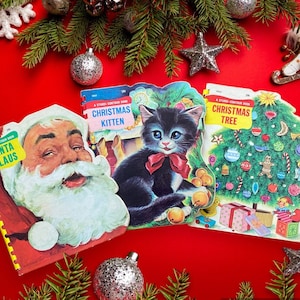 vintage Trio de livres de Noël rigides avec reliure spirale - Père Noël 5507 Chaton de Noël 5522 Sapin de Noël 5523