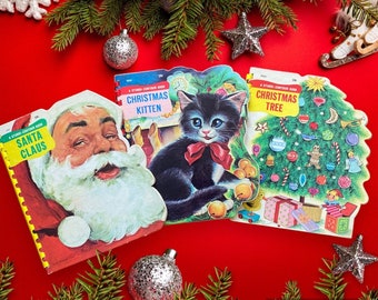 Vintage Sturdi-Contour Board Book Christmas Spiral Bound Set Trio - Santa Claus 5507 Christmas Kitten 5522 Christmas Tree 5523