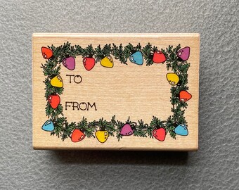 Vintage 1990 Christmas Garland String Lights Gift Card Rubber Art Stamp - Hero Arts