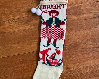 Vintage Knit “Making Spirits Bright” Sleigh Ride Traditional Christmas Stocking - Romantic Couple Heart