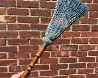 Vintage Blue Green Hearth Whisk Short Wooden Turned Handle Broom