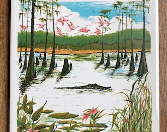 Vintage Florida Everglades Alligator Flamingo Screencraft Decorative Tile Trivet Cork Backed - Housewarming Souvenir