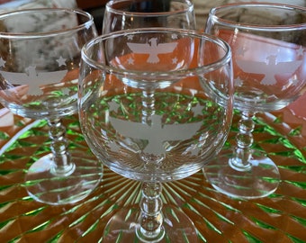 Vintage Etched Eagle Stars Ball Stem Wine Liquor Glasses - Patriotic 4 Piece Set