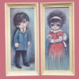 Vintage Ozz Franca Big Eye Sixties Kid Framed Pair Print Artworks - Big Eyes Boy and Flower Girl