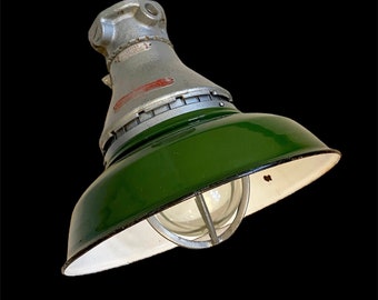 Vintage Mid-Century Industrial Appleton Electric Co. "Explosion Proof Vented Lighting Fixture" with Green Enamel Shade Chicago, Il.