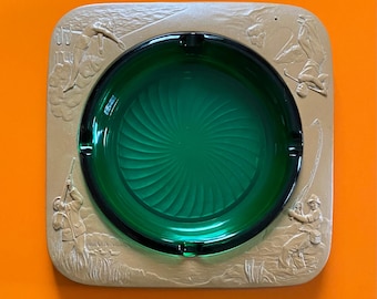 Vintage Syroco Wood Green Glass and Molded Plastic Ashtray - Outdoors Men Fishing Golfing Diving Swimming Hunting Tobacciana Tray