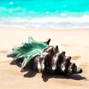Vintage Sea Green Conch Shell Soap Dish, Catch All, Trinket Dish, Ashtray