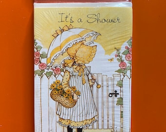 Vintage American Greetings Forget Me Not Yellow Gender Neutral Umbrella Shower Invitations 8 Cards and Envelopes
