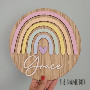 Personalised Oak Veneer Rainbow Name Sign – Nursery Decor