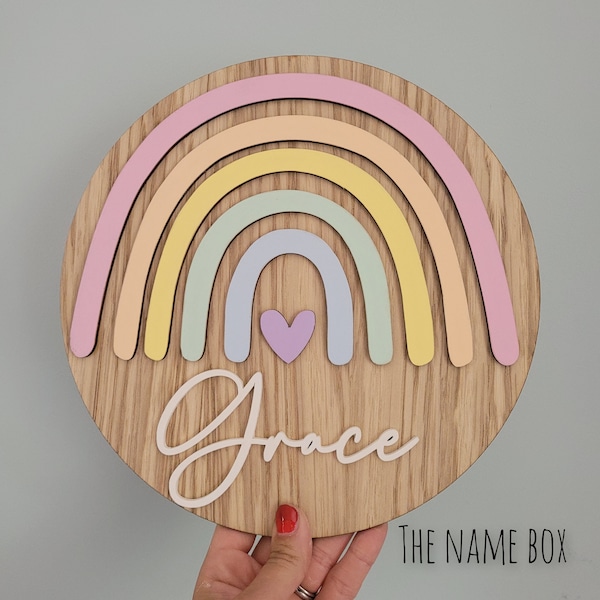 Personalised Oak Veneer Rainbow Name Sign – Nursery Decor