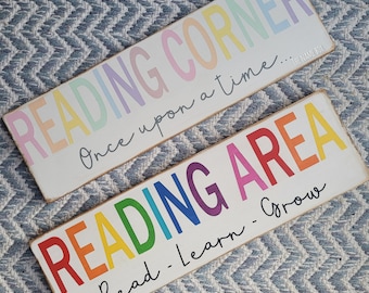Reading corner sign- childrens playroom sign- freestanding reading sign- colourful wall sign - let's read