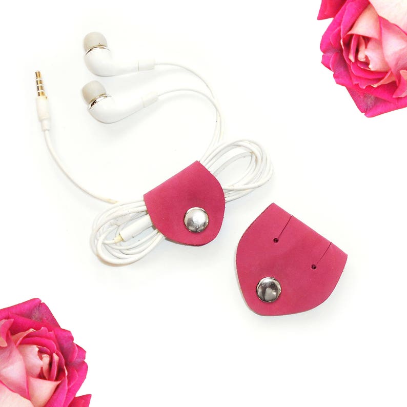 earbud holder Office decor sets set of two cable winder genuine leather cord organizer ROSIE Set 2pcs