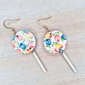 Multicolor earrings with talian liberty paper with tulips patterns and golden stainless steel hooks