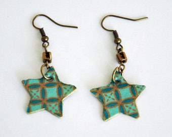 Turquoise and gold stars paper and gold beads earrings