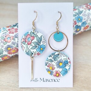 Turquoise blue and multicolor asymetric earrings with italian liberty paper and golden stainless steel hooks