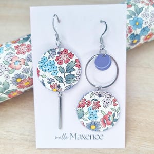 Multicolor and mauve  asymetric earrings with italian liberty paper and stainless steel hooks