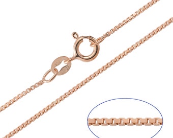 9ct Rose Gold plated on 925 Sterling Silver Box 1mm Chain Necklace 14 - 24 inches