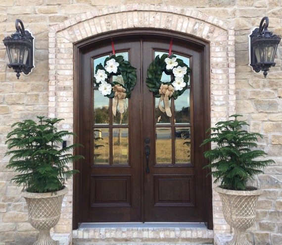 French Door Front Door Magnolia Wreath Etsy