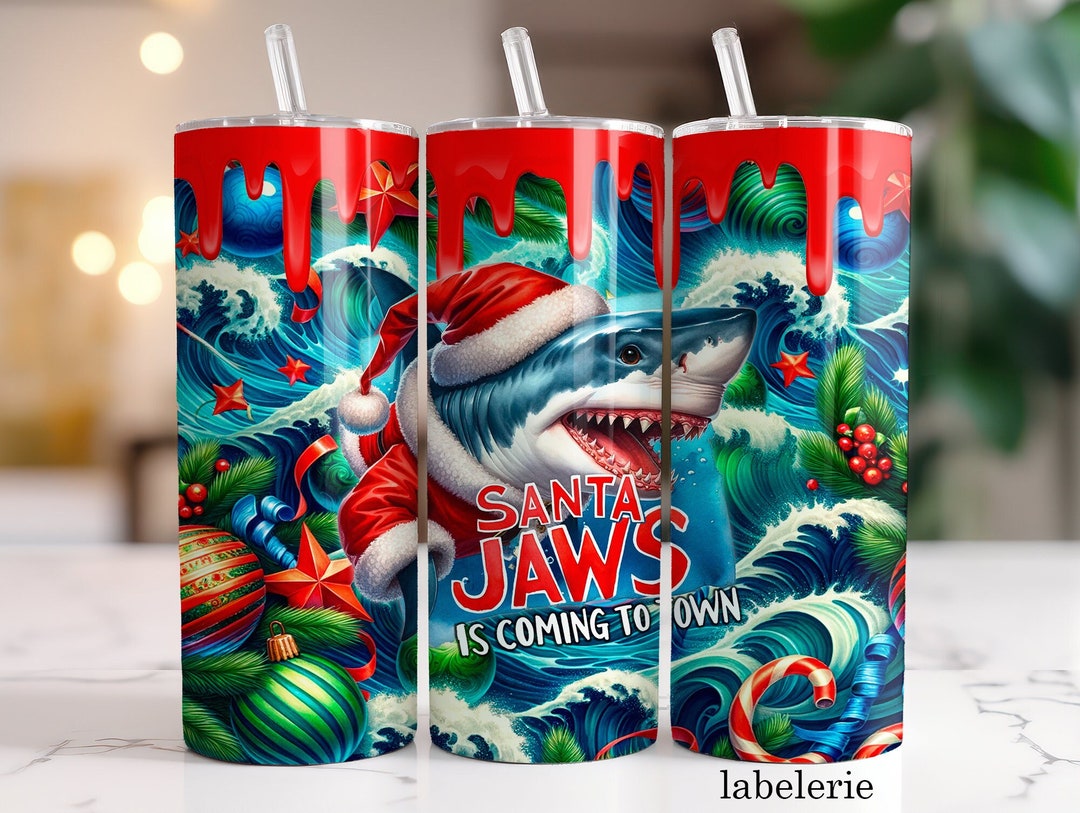 Christmas Tumbler Wrap, Santa Jaws is Coming to Town Sublimation PNG