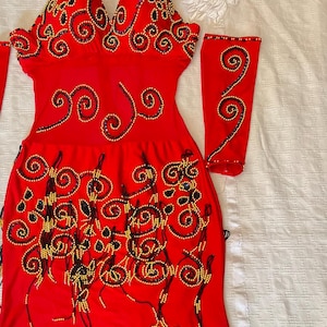 Red Belly Dance Dress: Egyptian Oriental Outfit with Arm & Head Pieces
