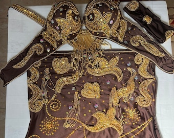 Custom-Made Egyptian Belly Dance Costume: Embroidered Oriental Outfit