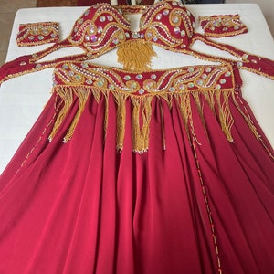 Red-Gold Belly Dance Costume: Handmade Beaded Bra, Belt & Skirt