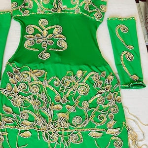 Embellished Belly Dance Costume: Handmade Egyptian Oriental Dress with Sleeves & Headband