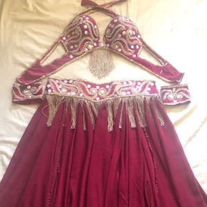 Dark Red Belly Dance Costume: Handmade Egyptian Bra, Belt & Skirt Set