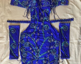 Handmade Royal Blue Belly Dance Costume: Beaded Performance Outfit
