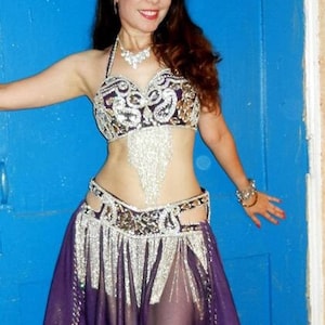 Professional Belly Dance Costume from Egypt, Custom-made belly dance skirt, bra and arm pieces set, Handmade richly stitched dancing outfit.