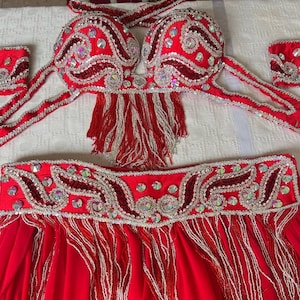 Professional belly dance costume set, Handmade beaded and sequined dancing outfit, Sexy dancing belt, skirt, bra and arm pieces ensemble.