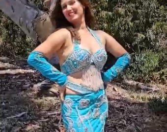 Turquoise Belly Dance Costume: Handmade Beaded Oriental Skirt, Bra & Sleeves