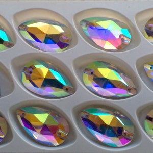 Rainbow AB Glass Rhinestones: Teardrop Sew-On Stones (28mm X 17mm)