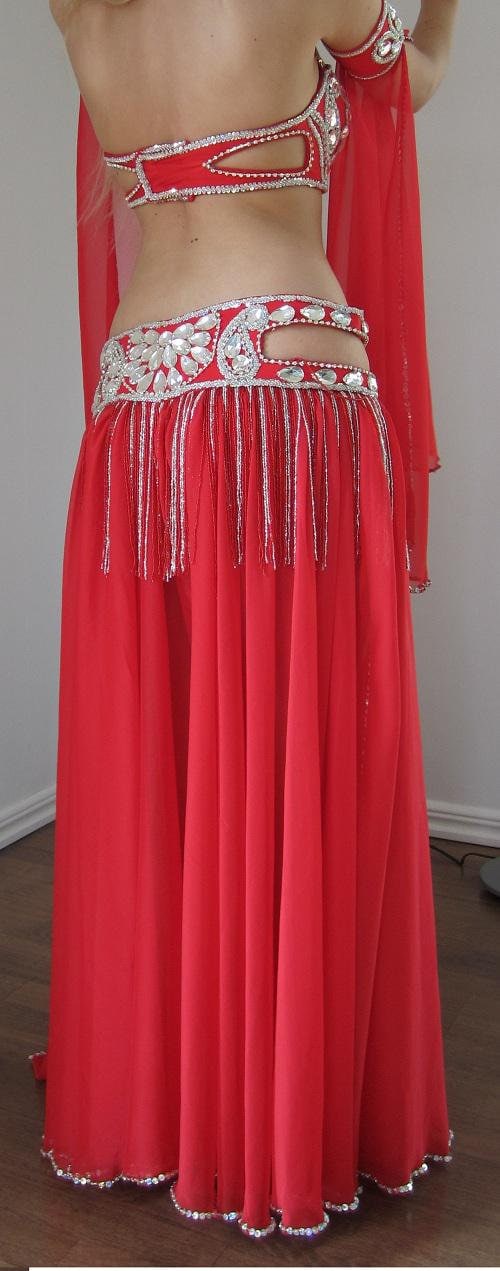 Red Belly Dance Costume: Handmade Embellished Bra, Belt & Chiffon Skirt