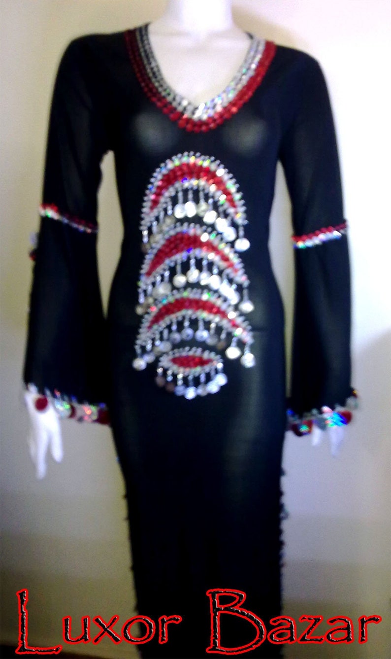 Oriental Egyptian Belly Dance Costume Saidi Dress, Baladi Galabia, Fallahi Abaya, Handmade Embroidered Belly dance dress, Gypsy Thobe,Tribal image 1