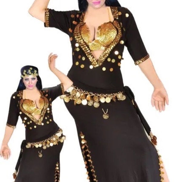 Egyptian Belly Dance Costume Saidi Dress, Baladi Galabeya, Fallahi Abaya, gypsy dance outfit with Embroidered hip scarf and belly dance bra