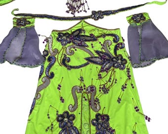Authentic Egyptian belly dance costume/ Bright lime green with purple sequins Belly dancer Outfit.