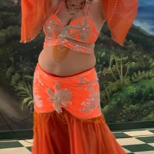 Costume professionnel de danse du ventre orange vif fabriqué sur commande tenue de danseuse du ventre embellie à la main ensemble de danse luxueux