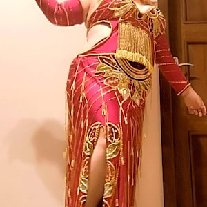 Handmade Beaded Belly Dance Costume: Wine Red Sequined Outfit