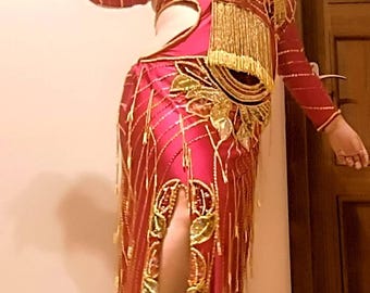 Handmade Beaded Belly Dance Costume: Wine Red Sequined Outfit