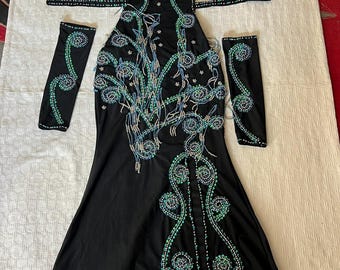 Custom Made Belly Dance Costume: Embellished Lycra Dress with Headband & Sleeves