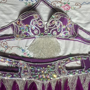 Belly dance costume embellished by Vibrant colourful stone, handcrafted dance belt with full circle chiffon attached skirt + bra +sleeves