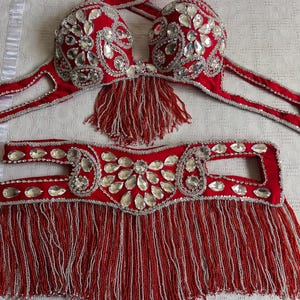 Professional Egyptian Belly Dance Belt and Bra, Hot Red Custom-made Embellished hips belt with matching bra, Luxury Dance Costume Set