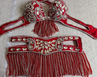Red Rhinestone Belly Dance Costume: Custom-Made Bra & Belt Set