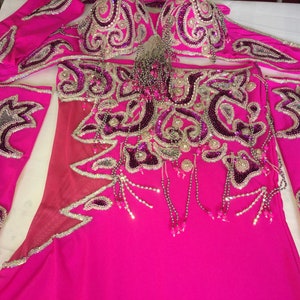 Hot pink belly dance costume, custom made professional belly dance outfit, handmade beaded belly dance skirt and bra + sleeves