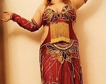 Wine-Red Belly Dance Costume: Handmade Sequined Outfit