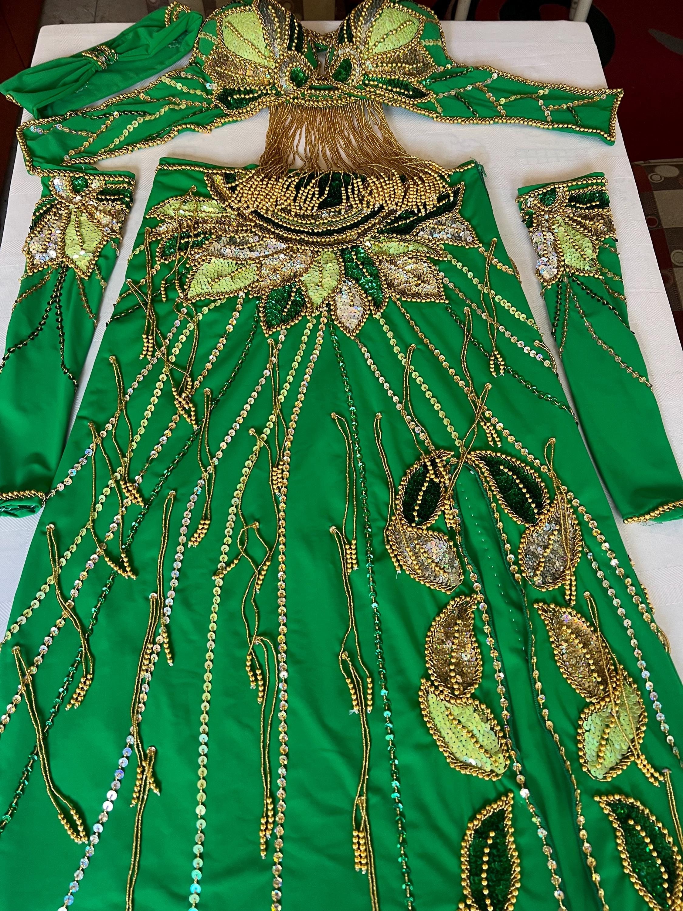 Vibrant green belly dance costume, custom-made belly dance outfit, multi-colored beaded and sequined belly dance skirt, bra set