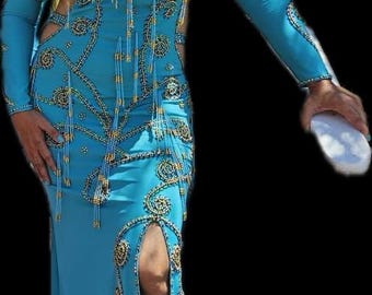 Turquoise Belly Dance Costume: Handmade Embellished Oriental Dress