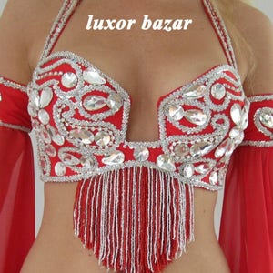 Red Belly Dance Costume: Handmade Beaded Bra & Belt Set